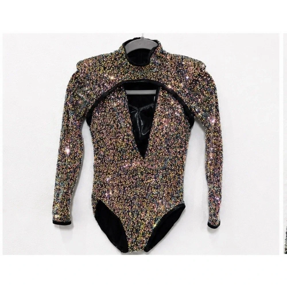 Weissman Beam Me Up Sequin Leotard Kids Large High Neck Cutout Dancewear